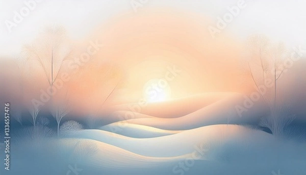 Fototapeta Subtle pastel illustration of a fresh sunrise with soft misty hues, symbolizing new beginnings, hope, and calm, perfect for wellness, motivation, and nature themes.