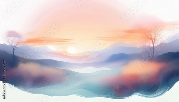 Fototapeta Subtle pastel illustration of a fresh sunrise with soft misty hues, symbolizing new beginnings, hope, and calm, perfect for wellness, motivation, and nature themes.