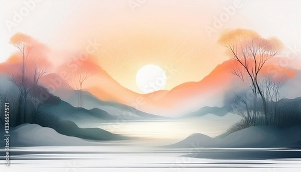 Fototapeta Subtle pastel illustration of a fresh sunrise with soft misty hues, symbolizing new beginnings, hope, and calm, perfect for wellness, motivation, and nature themes.