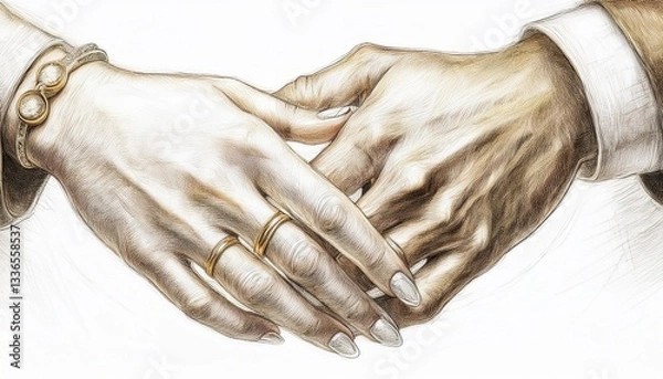 Fototapeta A delicate pencil sketch of two intertwined hands with wedding rings in a subtle, warm golden light.

