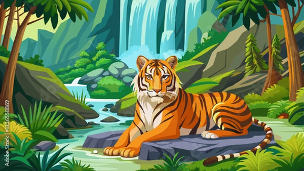 Fototapeta Bengal tiger resting Near the waterfall with green moss from inside the jungle zoo .