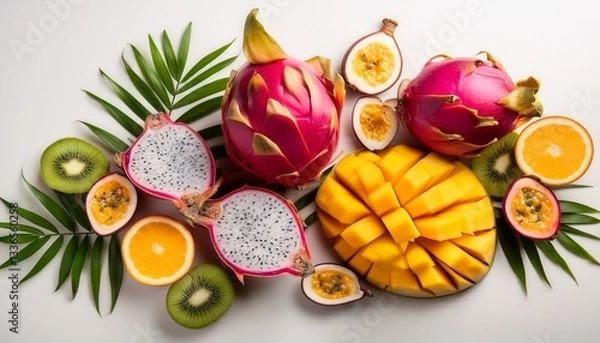 Fototapeta Vibrant and colorful assortment of sliced exotic fruits, including fresh pitaya (dragon fruit), mango, and passionfruit.

