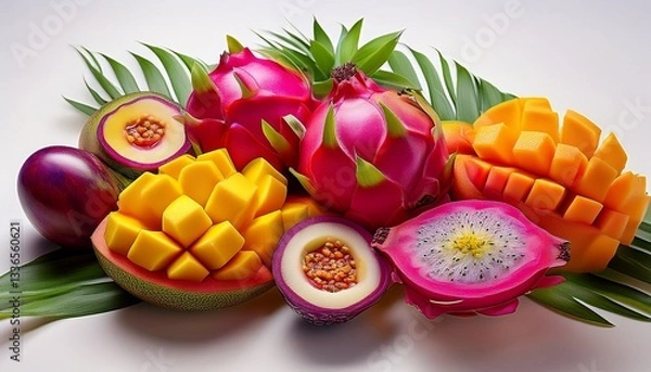 Fototapeta Vibrant and colorful assortment of sliced exotic fruits, including fresh pitaya (dragon fruit), mango, and passionfruit.

