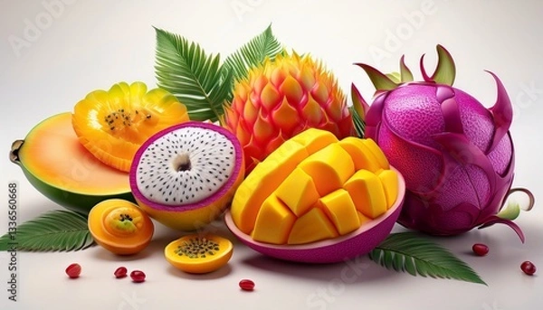 Fototapeta Vibrant and colorful assortment of sliced exotic fruits, including fresh pitaya (dragon fruit), mango, and passionfruit.

