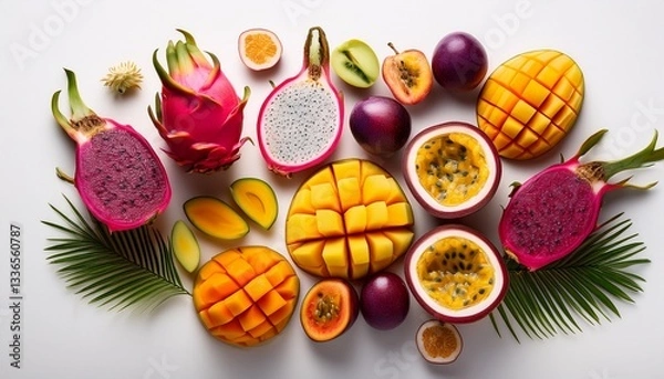 Fototapeta Vibrant and colorful assortment of sliced exotic fruits, including fresh pitaya (dragon fruit), mango, and passionfruit.


