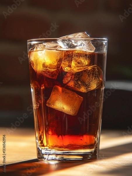 Fototapeta Refreshing Cola Drink with Ice Cubes on a Sunny Wooden Table