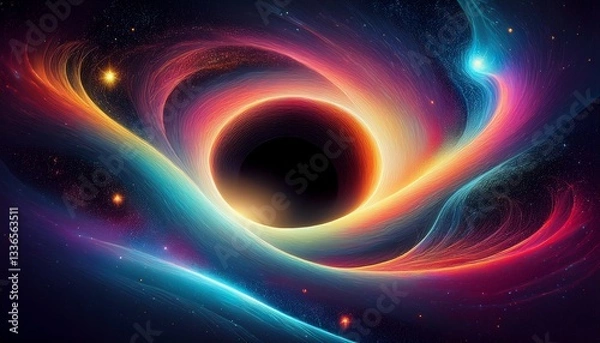 Fototapeta Abstract visualization of a black hole in deep space, featuring swirling light gradients and cosmic dust.

