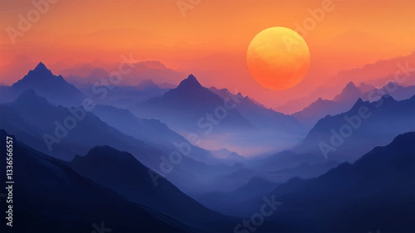 Obraz 山の尾根に沈むオレンジの満月、壮大な自然のシルエット