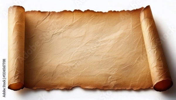 Fototapeta Blank sheet of aged parchment paper or scroll with soft curled edges. Vintage texture isolated on a white background.

