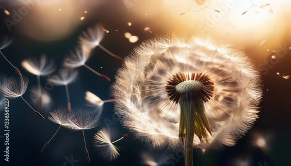 Fototapeta Macro photo of a dandelion puff dispersing its delicate seeds on a soft breeze, symbolizing freedom and new beginnings.

