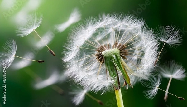 Fototapeta Macro photo of a dandelion puff dispersing its delicate seeds on a soft breeze, symbolizing freedom and new beginnings.

