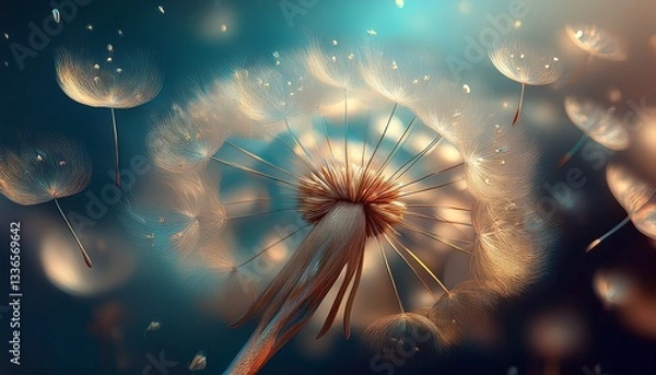 Fototapeta Macro photo of a dandelion puff dispersing its delicate seeds on a soft breeze, symbolizing freedom and new beginnings.

