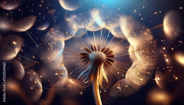 Fototapeta Macro photo of a dandelion puff dispersing its delicate seeds on a soft breeze, symbolizing freedom and new beginnings.

