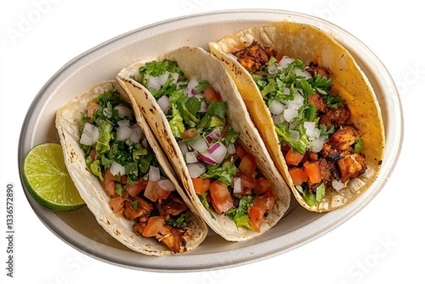 Fototapeta Three delicious tacos in a bowl with lime.