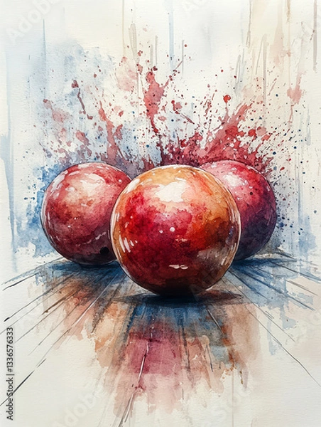 Fototapeta A stunning watercolor-style digital painting of three bowling balls with dynamic splashes of red and blue, creating a vivid and artistic composition.  
