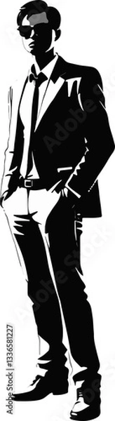 Fototapeta Black and White illustration of a Stylish man in a suit standing confidently in a minimalist setting during late evening hours