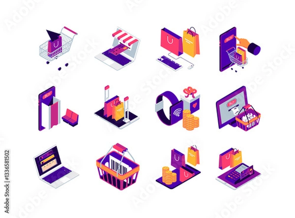 Fototapeta Online shopping isometric icons set. Internet marketplace mobile application. Payment by smartphone, smartwatch and computer. Digital marketing and advertising. Ecommerce 3d isometry illustration.