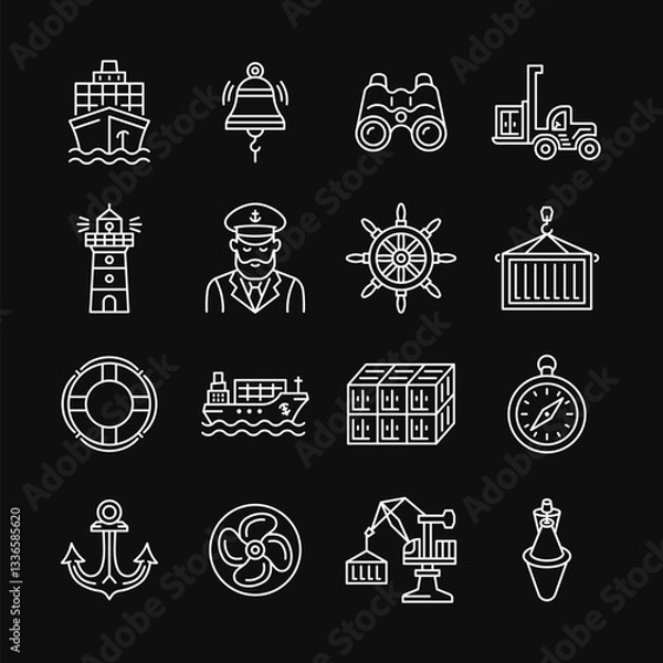 Obraz Sea port line vector white icon set on black background. Shipping industry collection with ship, captain, container, bell, anchor, crane, reach stacker, compass. Editable stroke.