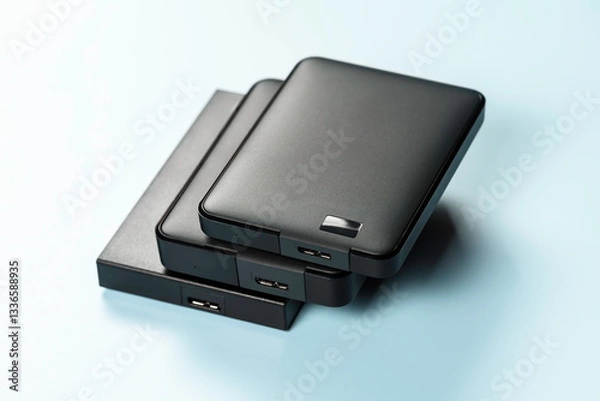 Obraz External drives lying on blue background. Reliability and functionality.