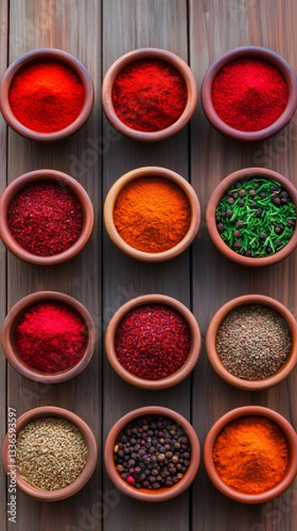 Fototapeta collection of vibrant red spices in small bowls arranged artistically