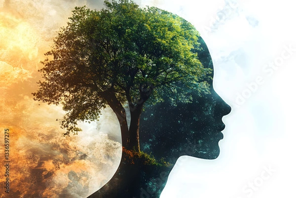 Obraz A unique artistic representation blending human and nature elements, showcasing a tree within a human silhouette, symbolizing harmony and growth.