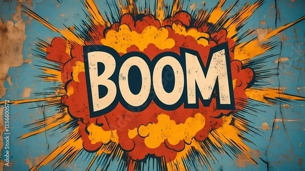 Fototapeta Colorful boom explosion with motion lines, dramatic sound effect, and high-energy visual impact, ideal for retro comic designs, graphic novel illustration