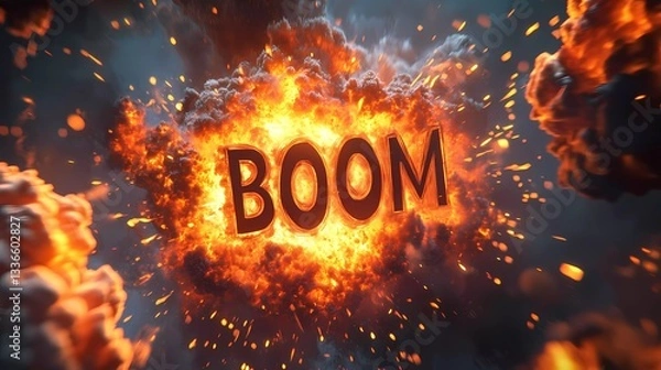 Obraz High-energy boom typography with lightning burst, speed lines, and dynamic explosion, suitable for action sequences and promotional designs, stylized book illustration