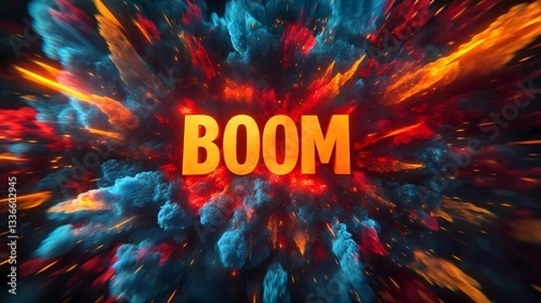 Obraz High-energy boom typography with lightning burst, speed lines, and dynamic explosion, suitable for action sequences and promotional designs, stylized book illustration