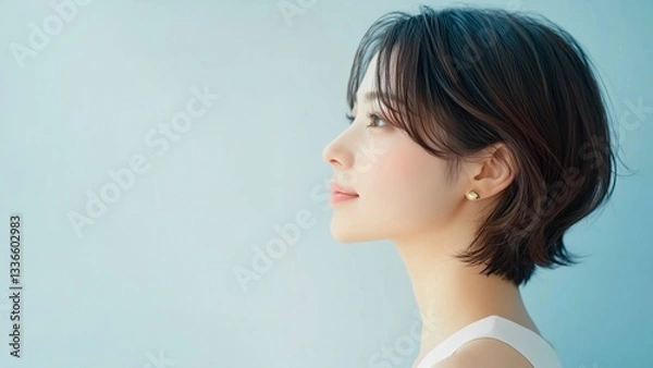 Obraz 青い背景にショートヘアの若い女性の横顔