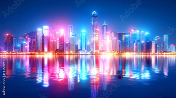 Fototapeta A vibrant city skyline showcases tall buildings adorned with colorful lights against a dark night sky. Reflective waters create a stunning visual display, enhancing the urban landscape's beauty