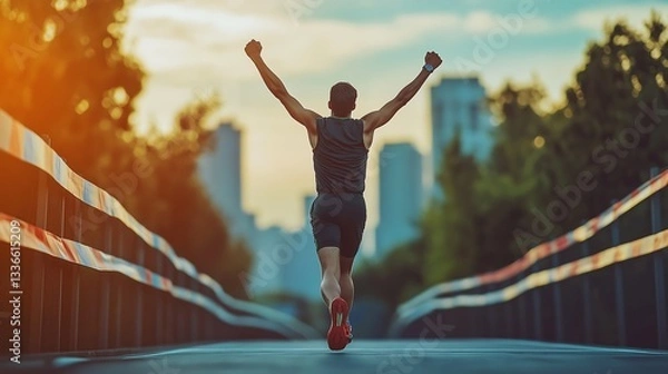 Fototapeta An athlete crossing the finish line with his arms raised