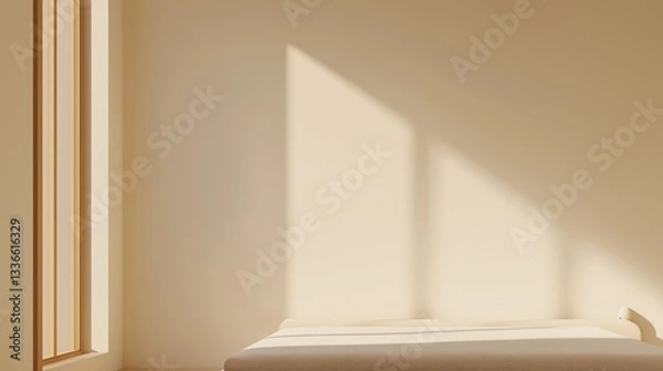 Fototapeta Corner of a room with a window on the left side. the wall is painted in a light beige color and the floor is made of wood.