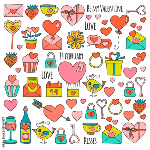 Fototapeta Valentine Day Vector pattern with heart, cake, balloon