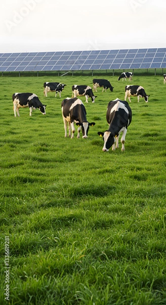 Obraz Cows grazing on a farm with a solar panel array in the background, showcasing the concept of agrivoltaics.