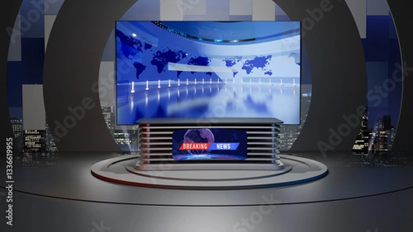 Obraz 3D Virtual TV Studio News, Backdrop For TV Shows .TV On Wall.3D Virtual News Studio Background,3d illustration