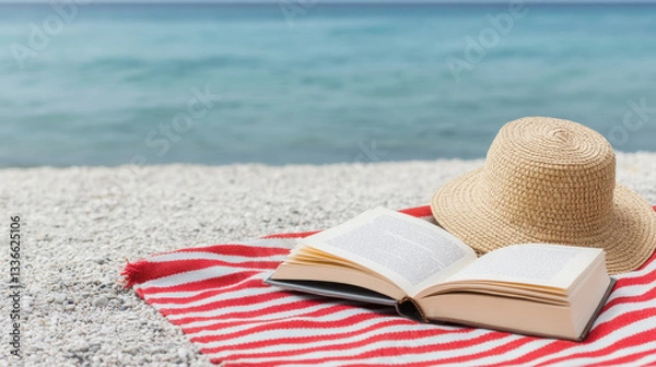 Obraz cozy seaside relaxation scene with book and straw hat on beach blanket