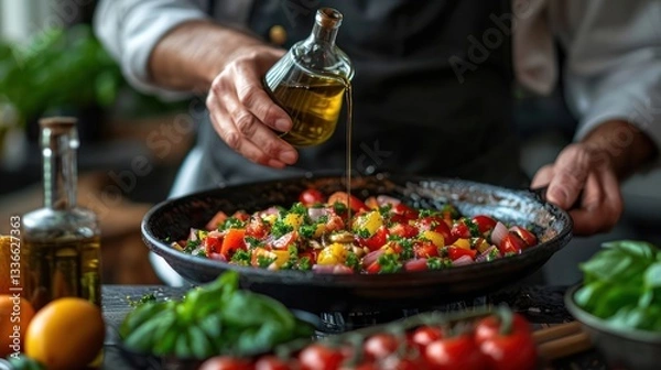 Fototapeta Chef preparing a colorful salad with fresh vegetables and olive oil in a cozy kitchen setting