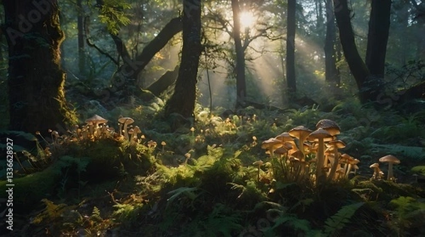 Fototapeta A serene forest scene with sunlight filtering through trees, illuminating a cluster of mushrooms on the forest floor, showcasing the beauty and tranquility of nature