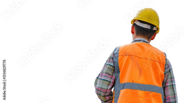 Obraz Construction worker wearing orange vest and yellow helmet on transparent background