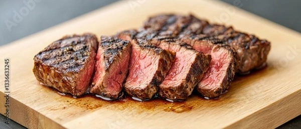 Fototapeta Sliced steak on a wooden cutting board. the steak appears to be cooked medium rare, with a pink center and a marbled exterior.