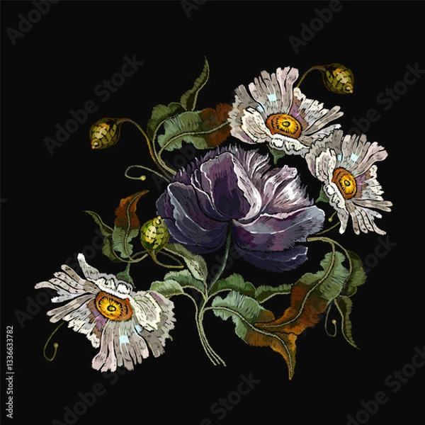 Fototapeta White chamomiles and violet flowers. Embroidery on black background. Template for clothes, textiles