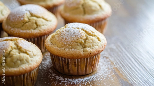 Fototapeta A close-up shot of plain vanilla muffins with a golden-brown crust, placed on a table. Soft texture, homemade bakery style, warm and inviting with natural light. 