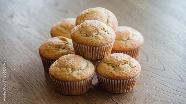 Fototapeta A close-up shot of plain vanilla muffins with a golden-brown crust, placed on a table. Soft texture, homemade bakery style, warm and inviting with natural light. 
