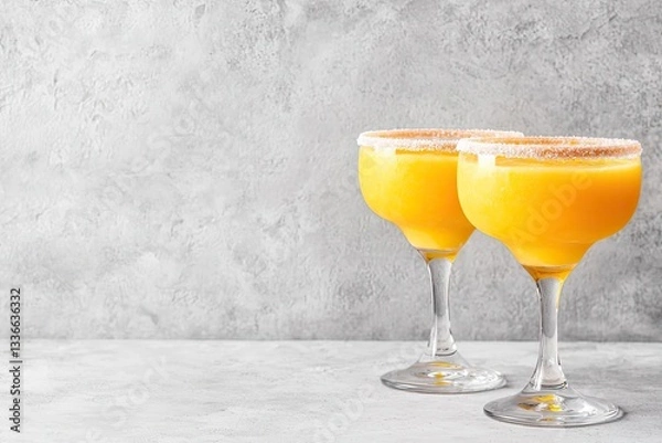 Obraz Two vibrant orange margarita cocktails in elegant glasses, garnished with a salt rim, set against a textured gray background.