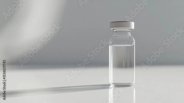 Fototapeta Clear glass vial containing liquid on a minimalistic surface with soft shadows and neutral background