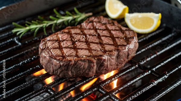Obraz Juicy grilled beef steak with perfect sear marks on a flaming hot grill. High-quality close-up food photography with a dark background. 
