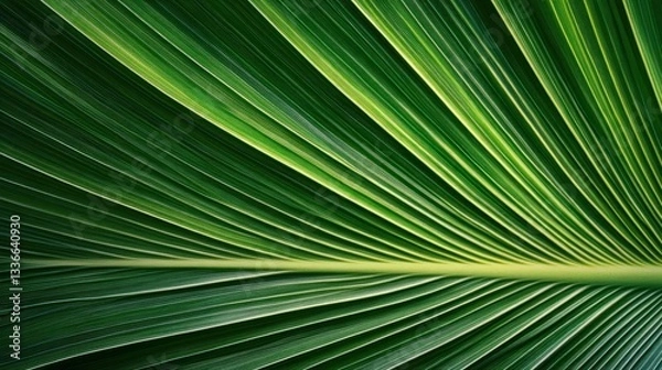 Fototapeta A close-up view of a green palm leaf, showcasing its intricate patterns and vibrant textures.