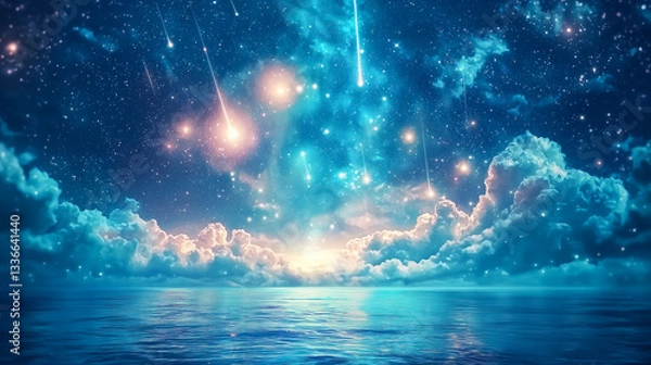Obraz 星屑のオーロラ：水面に映る幻想的な流星群と天空の輝き