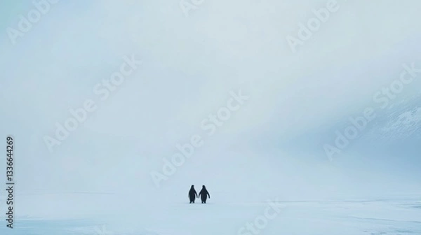 Fototapeta A pair of penguins waddling together on an icy landscape with a soft blue sky