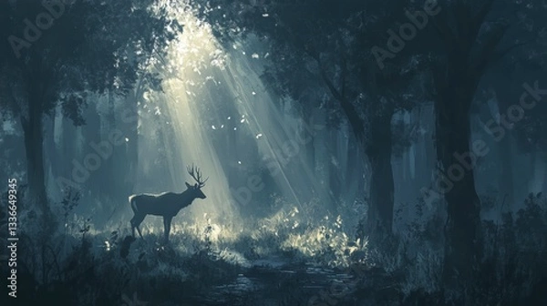 Fototapeta A wild deer standing in a misty forest with sunlight streaming through the trees